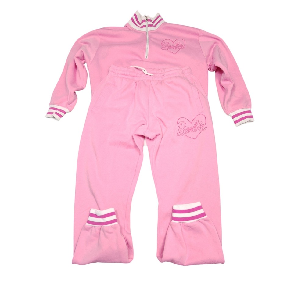 Barbie Pink Tracksuit Set Quarter Zip Pullover and Joggers Heart Logo L